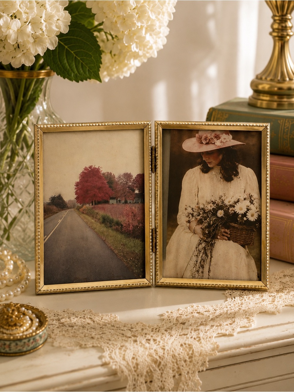 Vintage Gold Double Hinged Picture Frame Romantic Cottage Grandmillennial Decor